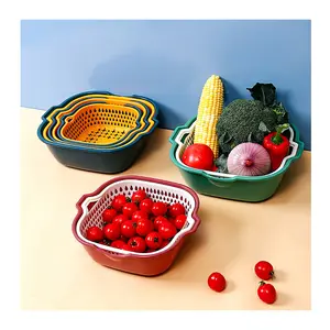 JX-キッチンコントラストカラー2層ドレンバスケット家庭用スクエア多機能野菜および果物洗浄ドレンバスケット