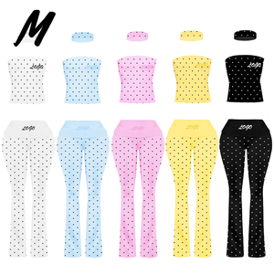 Set Due Pezzi alla Moda Y2K con Stampa a Pois, Logo Personalizzato, Top Senza Spalline, Pantaloni a Vita Alta e Gamba Larga, Elasticizzati - Product Image 6