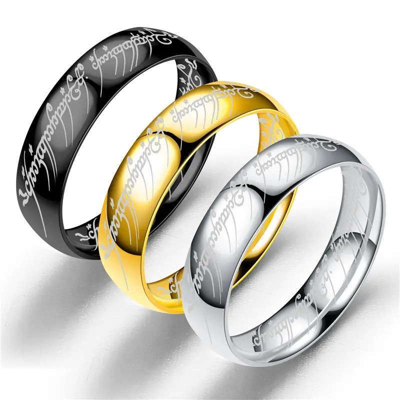 Europe and America Hot Selling 6MM Wide Lord's Ring Gold Silver Stainless Steel Scripture Magic Rings Jewelry