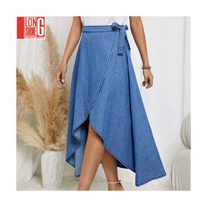 फैशन महिला विंटेज समर लेस-अप ब्लू हाई लो साइड शॉर्ट स्प्लिट रफ़ल हेम अनियमित फैन आउट डेनिम स्कर्ट - Product Image 1