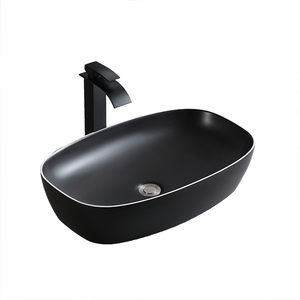 Modern Rectangular Above Counter Black Color With White Line Vessel Sinks Bowl Ceramic Hand Wash Basin Matt Black Bathroom Sinks
