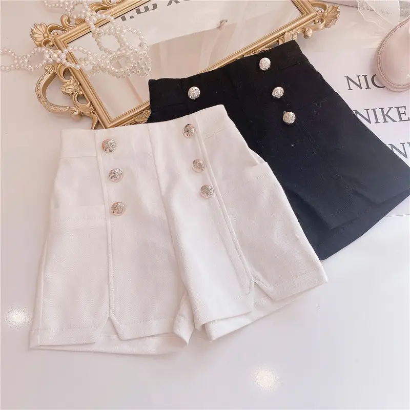 Summer high waist teen girls denim hot shorts kids clothing white black hot shorts with button