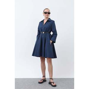 Vestido Mini de Popelina para Mujer, Corte en A, Cintura Natural, Cuello Camisero, Lavable, Informal para Uso Diario, Tejido de Popelina - Product Image 4