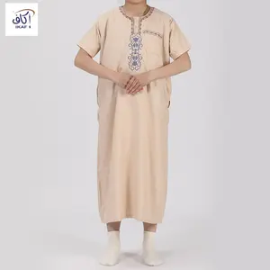 2024 New design trend IKAF cotton linen Moroccan boys' buttons loose for children islamic thobe for kids boys short sleeve