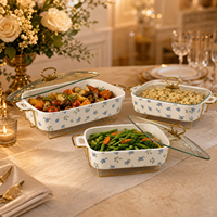 Plat à chafing en céramique bleu rose avec couvercle en verre, support en métal doré, chauffe-plats rectangulaire pour buffet, 3 tailles pour la restauration et l'hôtellerie