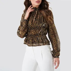 Blusa feminina colecionável gola alta, estampa de leopardo chiffon manga comprida