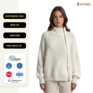 A&J OEM Cárdigan de punto acanalado con cremallera completa para mujer, cuello simulado, oversize, grueso, color marfil, Cloud Dancer GRS Quiet Luxury ODM 2026 - Product Image 1