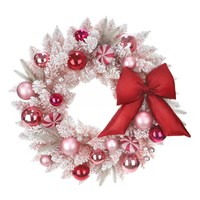 Nouvelle Arrivée 2026 Couronne de Noël en Pin Floqué Rose de 60 cm avec Nœud Rouge, Décoration Suspendue pour Fenêtre et Porte de Noël