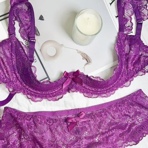 Lencería Sexy de Encaje Morado, Diseño Push-Up, Realza los Bustos Pequeños, Copas con Aros, Copas Acolchadas, Tela Transparente de Grado Alimenticio - Product Image 5
