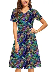 Attractive Style Women's Polyester Spandex Dress Casual Abstract Lotus Printed O Neck Short Sleeve Dresses