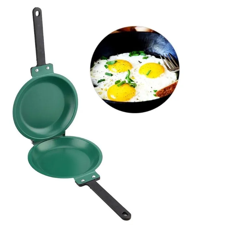 Wajan penggorengan anti lengket dua sisi dengan pembuat Pancake hijau lapisan keramik untuk peralatan masak lipat dapur rumah tangga