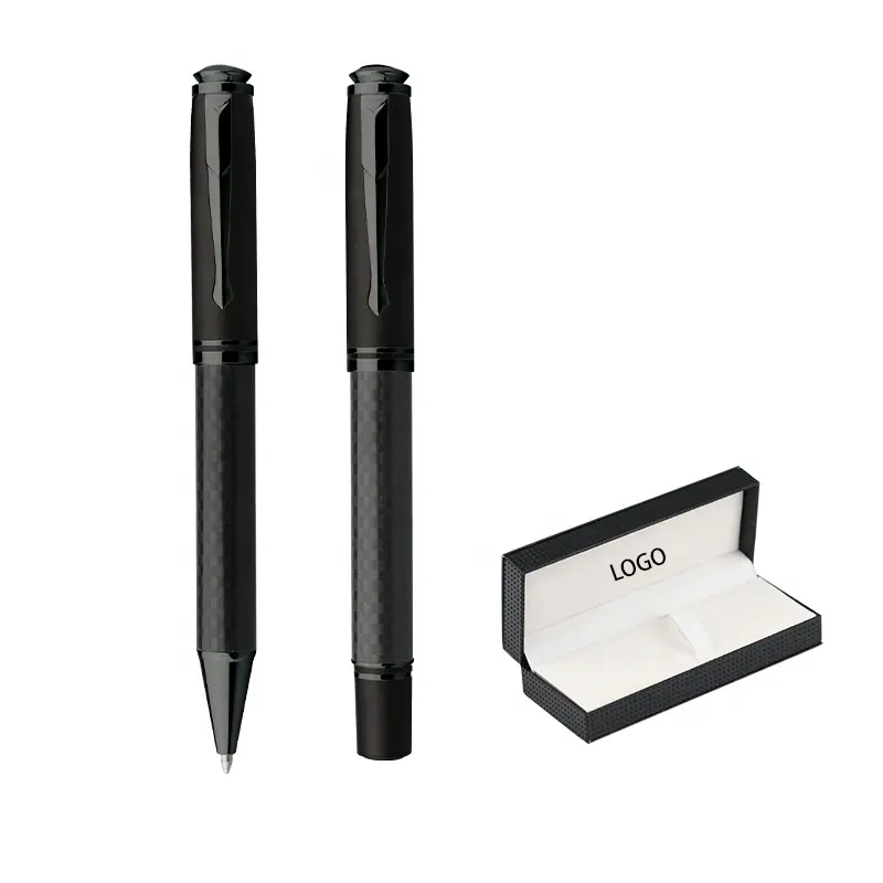 Luxe Metalen Custom Pen Model Graveren Logo Met Geschenkdoos Pen Set Carbon Fiber Rollerball Pen