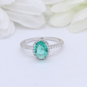 S925 Sterling Silver Bridal Round Diamond CZ Halo Oval Paraiba <b>Tourmaline</b> Wedding Engagement Ring Accent Paraiba Rings - Product Image 4