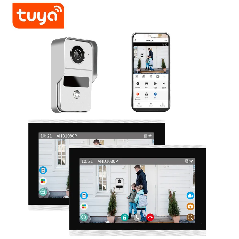 AHD10-1v2 Home Doorbell Kamera Interkom Villa Night Vision 4 Kawat 10.1 Inci Warna Tuya Video Pintu Telepon dengan 3 Monitor Dalam Ruangan