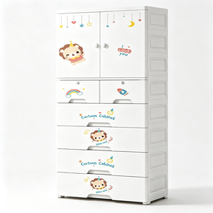 Armoire pour enfants Happy Lion de 70 cm de large, en plastique PP, avec 1 porte et tiroirs, organisateur de vêtements et de jouets pour bébé, commode pour chambre à coucher - Product Image 2