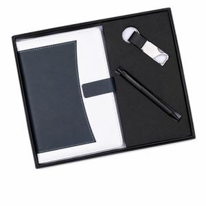 Elegante Set de Regalo Corporativo Blanco y Azul Marino con un Cuaderno Premium, un Elegante Llavero Metálico y un Bolígrafo Negro de Diseño Elegante - Product Image 2