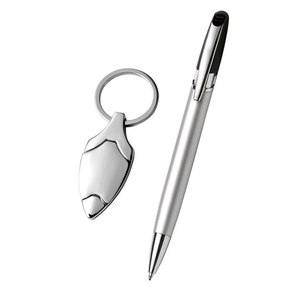 Set regalo con penna a sfera e portachiavi in metallo argentato con finitura opaca - Product Image 2