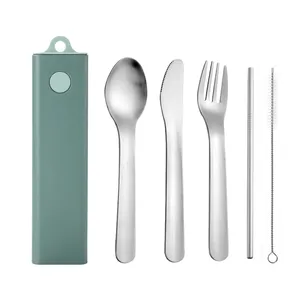 New Knife Fork Spoon Metal Straws With Brush Portable Camping Stainless Steel 18/0 Cutlery Set