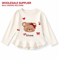 T-shirt à manches longues pour filles, avec applique ours en peluche et ourlet à volants en dentelle, pour tout-petits et enfants, fournisseur en gros OEM ODM