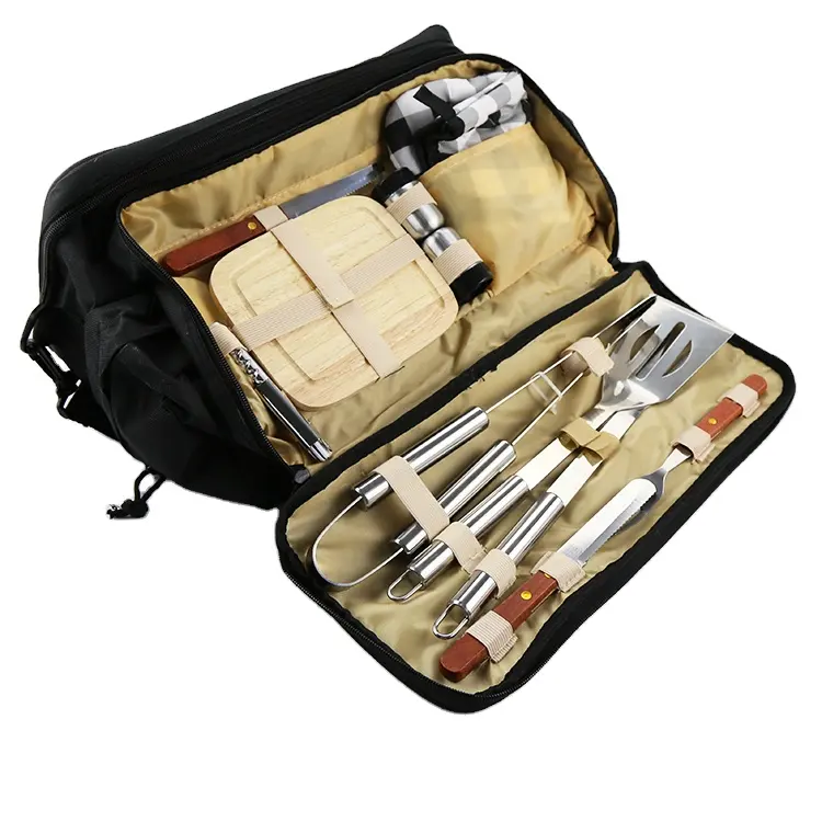 12PCS Premium Picnic BBQ Tools Set Stainless Steel Grill Utensils Set with Black Cooler Bag Grill Accessories for Outdoor Grill
