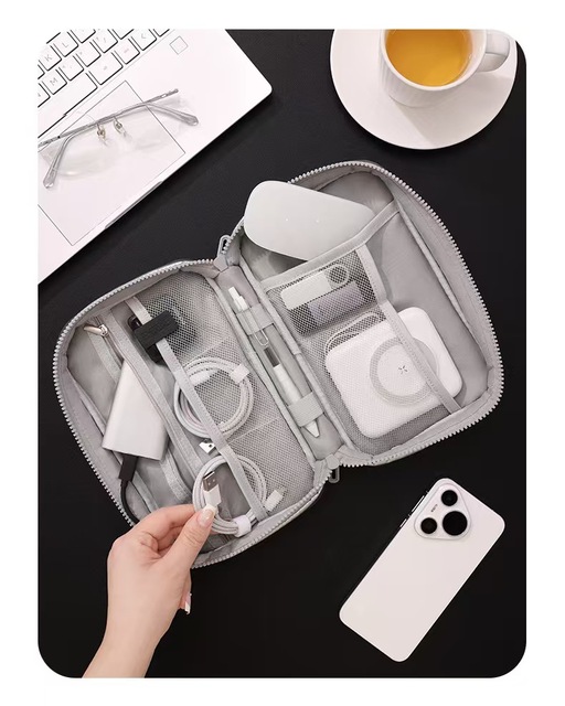 Water Repellent Polyester Quilted Electronic Organizer Bag Portable Travel Cable Charger Power Bank Storage Case