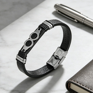 <b>Leather</b> <b>Bracelet</b> With Stainless Steel Infinity Eight Men's Fashion Cuff Gift Jewelry Geometric Design - Product Image 1