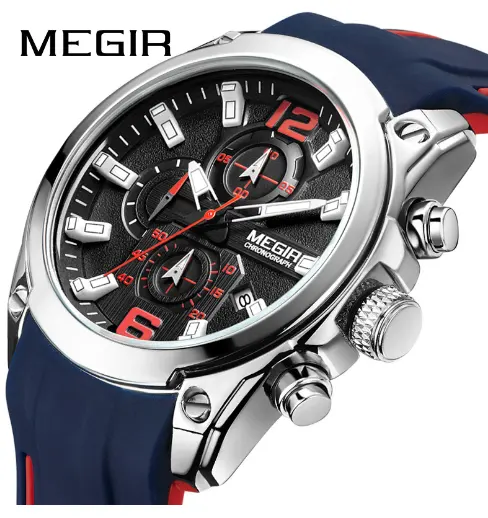 Üst marka Megir 2063 kronograf saatler erkekler lüks su geçirmez silikon bant kol saatleri Relogio Megir