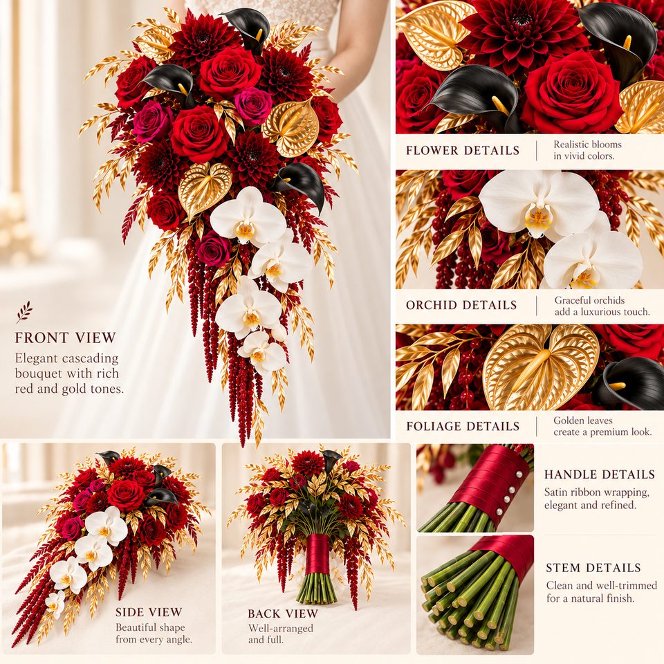 Red Rose Colouring In Waterfall Bridal Bouquet Artificial Red Gold Rose Amaranthus Trailing ...