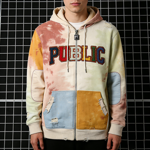 ผู้ผลิตเสื้อผ้า ODM/OEM รับผลิตเสื้อฮู้ดดี้แบบสวมหัว ยูนิเซ็กซ์ ผ้าฝ้าย 100% ปักลายเชนีล แต่งย้อมสีแบบไทได ซิปหน้า สไตล์ดิสเทรส - Product Image 3