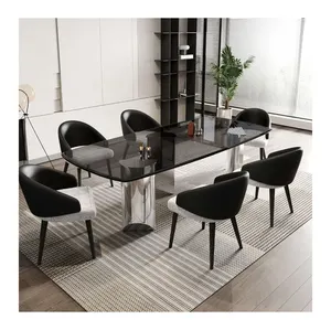 Customizable New Design Black Glass Top Dining Table Set Square Dining Table For 6