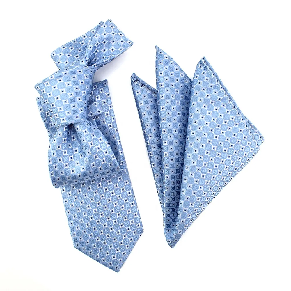 Gift Set Mens Business Fashion Premium Luxury Geometric 100% Silk Jacquard Woven Ice Blue Neck Tie And Pocket Squares For Men