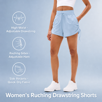 Shorts pour femmes bleu clair froncés à cordon de serrage, taille haute, côtelés, avec poches latérales, séchage rapide, bas de pantalon à nouer, pour revendeurs et fournisseurs