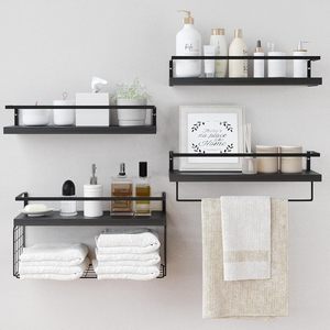 Étagères murales flottantes rustiques en bois à double niveau avec panier de rangement en fil métallique et <span class=keywords><strong>barre</strong></span> porte-serviettes pour salle de bain, <span class=keywords><strong>cuisine</strong></span>, chambre - Product Image 4