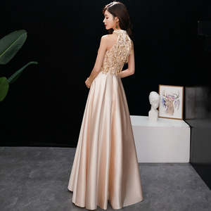 Champagne-Colored Elegant Long Evening Gown High Neck A-Line Satin Wrap And Tie Empire Waistline For Female Hosts And Socialites - Product Image 4