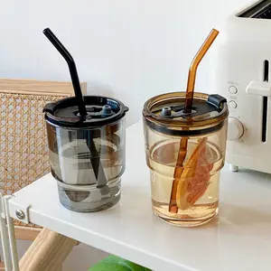 قابلة لإعادة الاستخدام مثلج القهوة كوب زجاجي بهلوان مع غطاء و القش العنبر أكواب الشرب