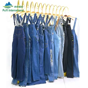 Ladies suspender cargo denim pants second hand clothes used jeans bales jumpsuit and romper used clothing