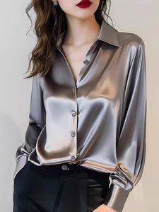 Chemise en satin français pour femmes en gros, nouvelle collection, haut de gamme, gris, acétate, manches longues, <span class=keywords><strong>chic</strong></span>, blouse professionnelle, 14 couleurs - Product Image 4