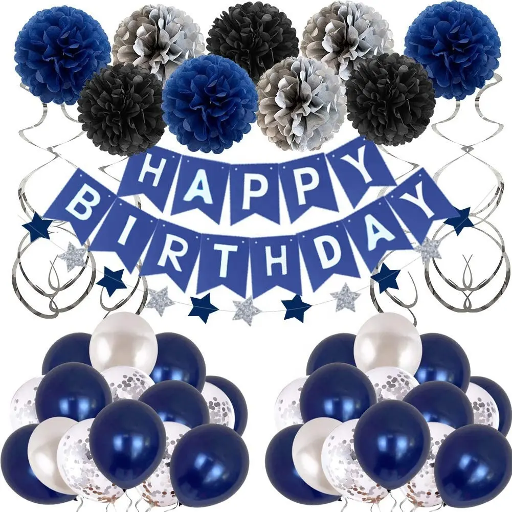 Pom topu yıldız asılı girdap flama ile mavi doğum günü süslemeleri lacivert mutlu doğum günü afiş