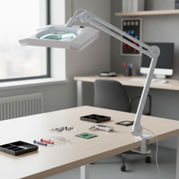 Lampe Loupe à Grand Cadre Carré en Gros avec Verre Optique, Bras Cantilever Métallique à Triple Articulation, Pince à Vis, Lumière Loupe LED