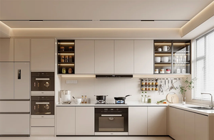 Meuble de cuisine haute brillance design de luxe avec bande LED intégrée, compatibilité appareils électroménagers, rangement modulaire moderne pour villa/appartement - Product Image 6