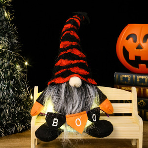 Décoration de table lumineuse en peluche pour Halloween, poupée sans visage en tricot rayé avec chapeau, bannière Boo, pour fête à domicile et bureau - Product Image 5