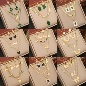 Vintage Stainless Steel Emerald Gold Clover Heart Butterfly Pendant Necklace Drop Earrings Bracelet Women Jewelry Set For Gifts