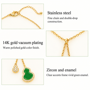 Collier pendentif gourde en émail vert, acier inoxydable, zircon, plaqué or 14K sous vide, chaîne réglable 39+6 cm - Product Image 4