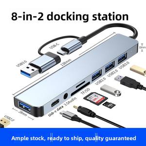 <span class=keywords><strong>Hub</strong></span> USB <span class=keywords><strong>double</strong></span> tête 8-en-2 Type C avec lecteur de cartes TF/SD USB 3.0 et audio 3,5 mm pour ordinateur portable - Product Image 2