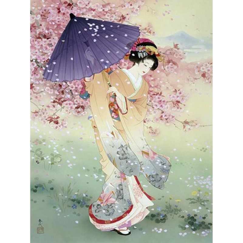 Kimono Woman under the Sakura Tree - Art Deco Diamond Painting