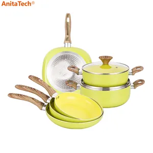 Juego de utensilios de cocina antiadherentes de aluminio prensado, color amarillo, 8 unidades
