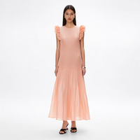 Nouvelle Robe Longue Plissée Pêche à Col Rond et Manches Courtes Volantées, Taille Haute Smockée, à Étages, Personnalisée pour Femme, Idéale pour les Vacances