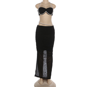 Viviblook Z0127ST15 Nouvel ensemble jupe femme avec décoration perles, crop top sexy enveloppant la poitrine et jupe taille basse, ensemble deux pièces pour femme - Product Image 2