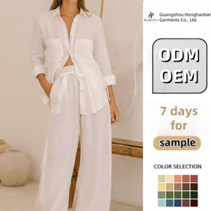 Set Loungewear Estivo da Donna in <span class=keywords><strong>Lino</strong></span> 100% Personalizzato ODM, Pantaloni Larghi <span class=keywords><strong>Oversize</strong></span> e <span class=keywords><strong>Camicia</strong></span> a Tinta Unita Lunghezza Caviglia per Primavera/Estate - Product Image 1