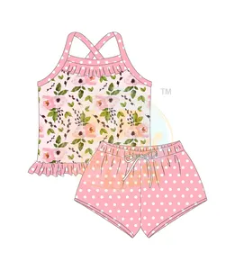 2024 Custom Designer Yellow Pink Baby Girls Swimsuit 2pc Halter Top Set With Frill Print Swim Trunks Kids Bikini Beach Suit